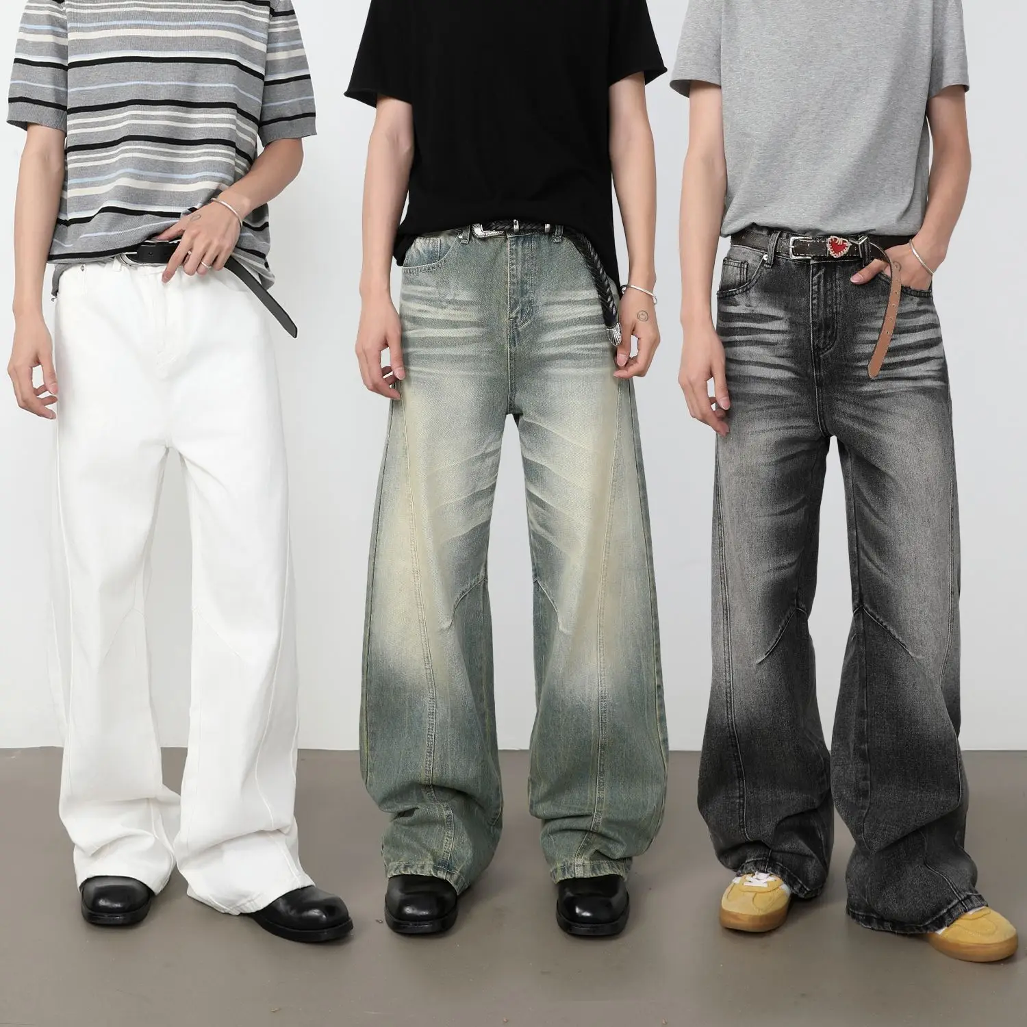 Denim|American Retro Washed Patchwork Distressed Jeans For Men, Loose Straight Wide-Leg Versatile Trousers