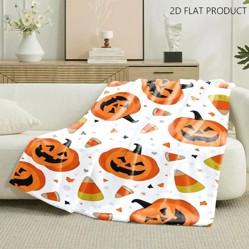 Halloween Festive Pattern Throw Blanket, Jack-o'-Lantern Pumpkin & Candy Corn Print with Star Accents, Soft Cozy Nap Blanket with Multiple Specifications Available, Ideal for Lounge Rest & Casual Home Daily Use