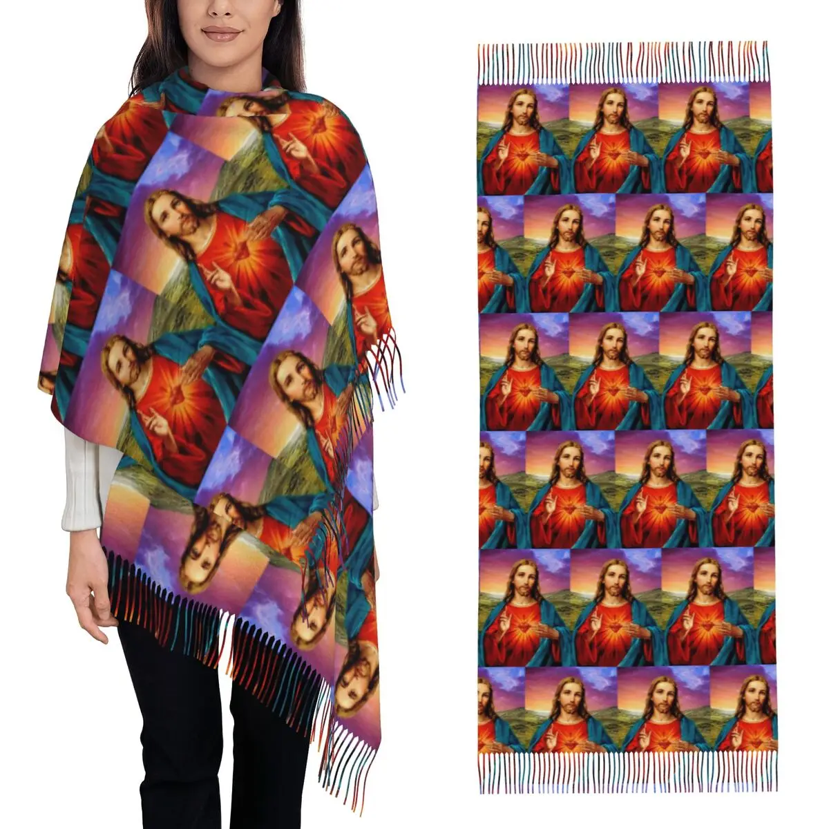 

Шарф с сакральным сердцем Иисуса, шарфы с кисточками для женщин, мягкие теплые шали и накидки, длинная осенне-зимняя шаль