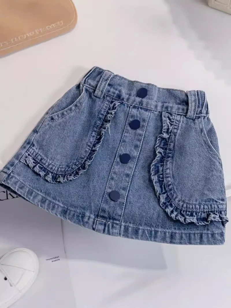 2026 Summer 12M-6Y Childrens Clothes Single-row Button Decoration Denim Skirt with Ruffled Pocket Elastic Waist