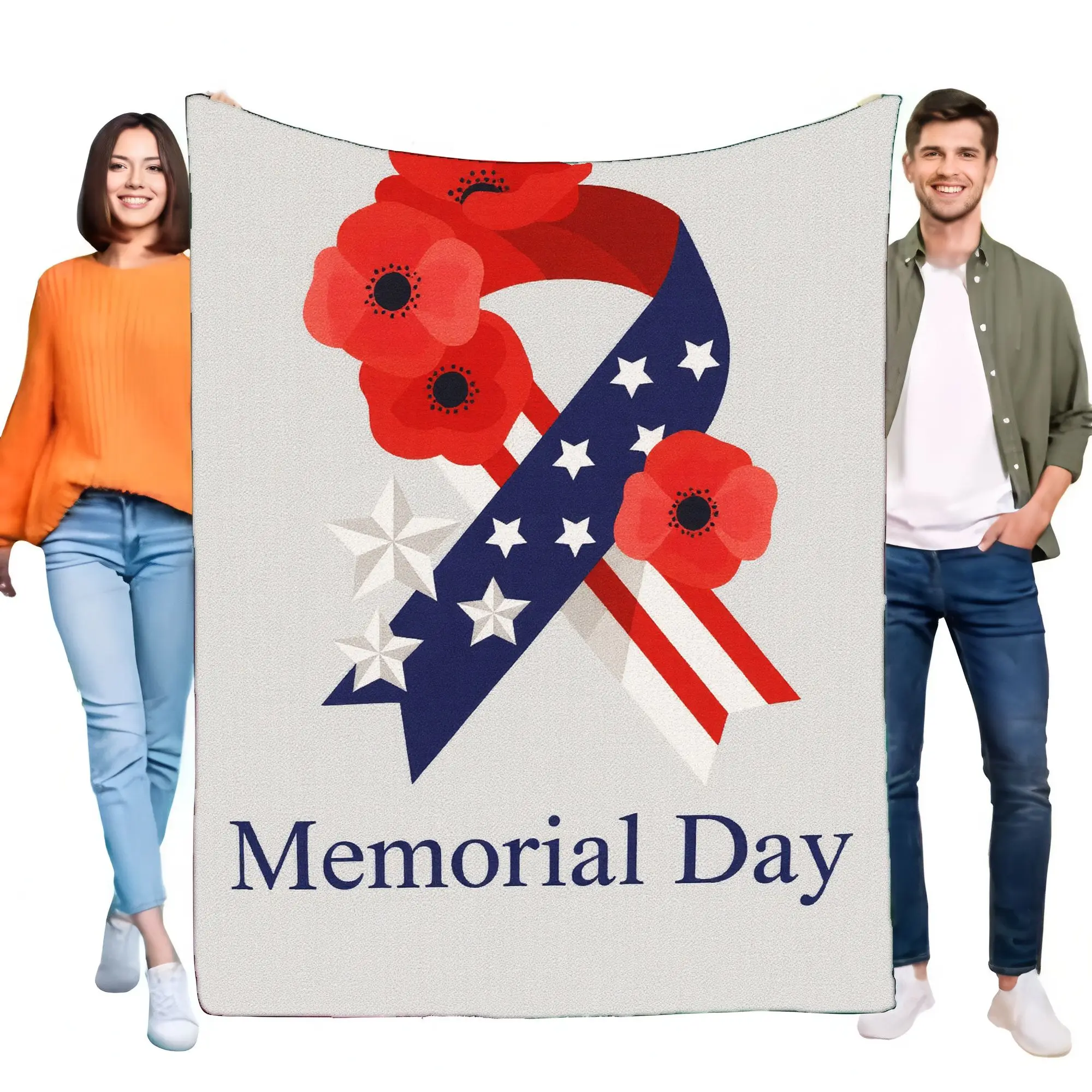 بطانية يوم الذكرى مع شريط أزرق ونجوم بيضاء، تصميم الخشخاش الأحمر، مثالية للتراحة في المناسبات الخاصة، Soft Thr #1