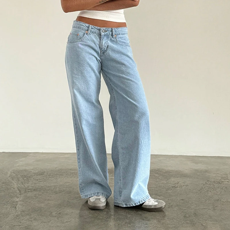 Women Y2K Aesthetic Low Rise Baggy Jeans Loose Fit Boyfriend Straight Wide Leg Jeans Trendy Stretch Long Denim Pants Trousers