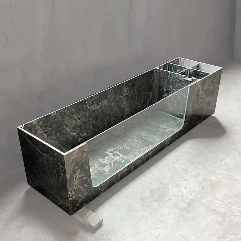 

Rock slab fish pond large tank turtle filter tank with glass balcony landscaping water floor tank