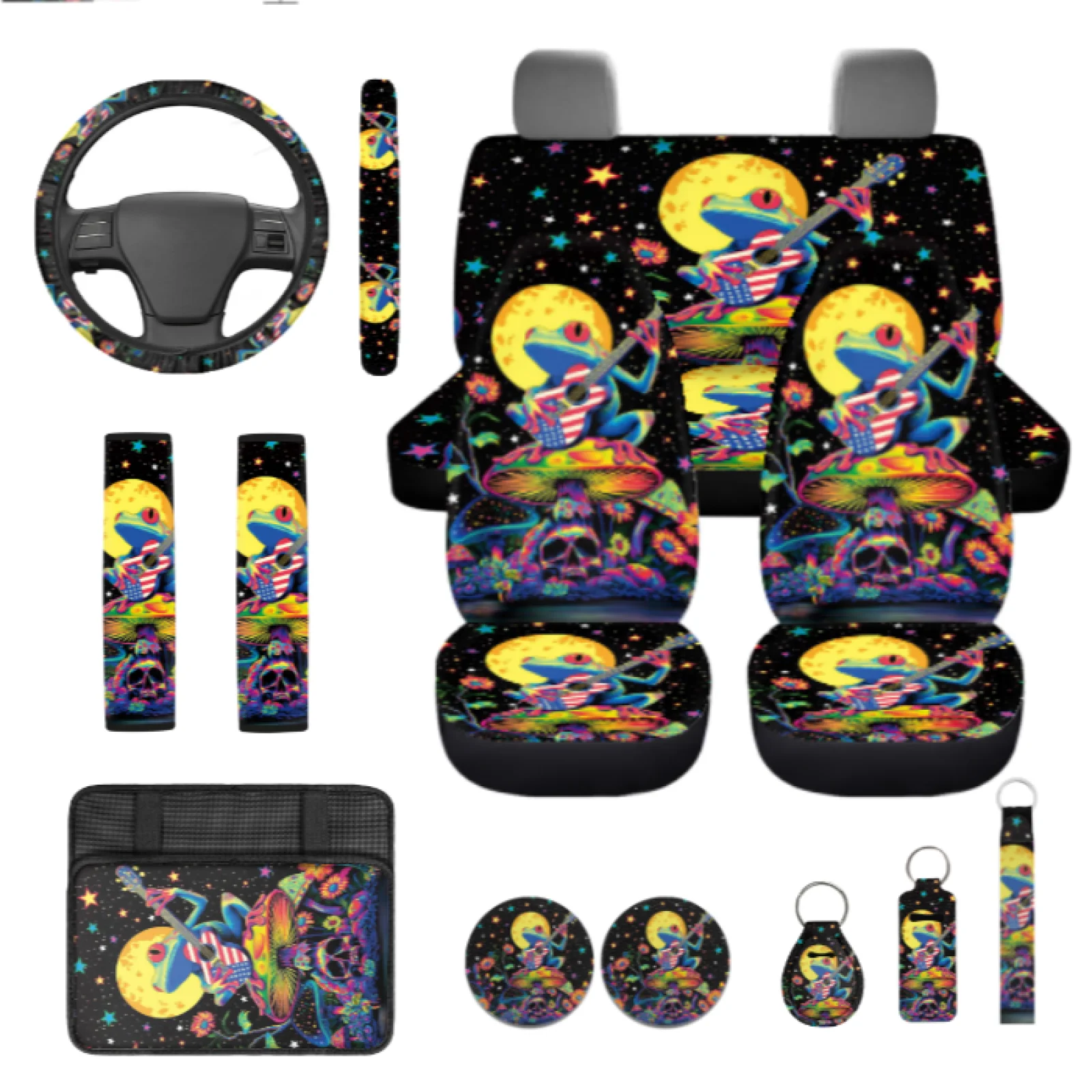 Coloranimal Frog Guitar Set of 13 Front Back Seat Cover Set with Scratch-Resistant Lipstick Sleeve and Coasters for Small Car