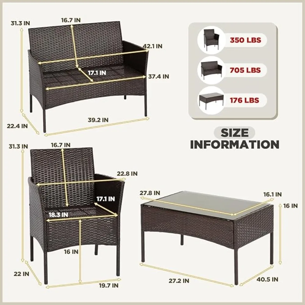 Patio Furniture Set 4 Pieces Outdoor Rattan Chair Wicker Sofa Garden Conversation Bistro Sets for Yard,Pool or Backyard