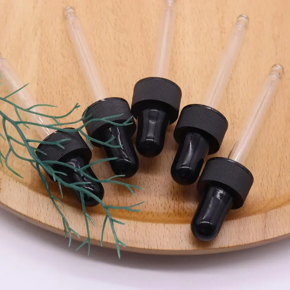 Bottiglia di plastica in vetro Tinture per essenza di olio con testa di colla Tappo a vite in plastica nera Contagocce per olio essenziale per bottiglia di vetro boston