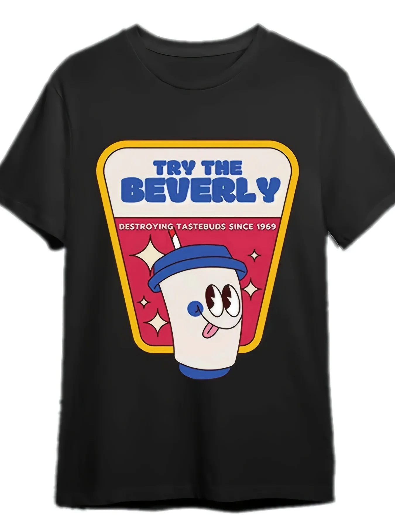Men'S Funny Beverly Drink Design Tshirt with TRY THE BEVERLY Cartoon Cup Print Black Casual Short Sleeve Round Neck Tee for Themed Parties Casual Attire PLUS Sizeretro Casual Short-Sleeved T-Shirt with a Round Neck And Printed Pattern Suitable for D