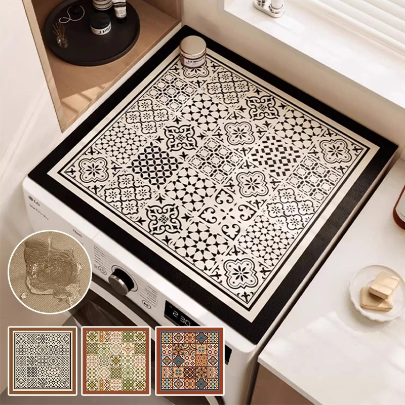 Dust Proof Washing Machine Mat Oven Microwave Pad Retro Printed Furniture Cover Water Absorption Kitchen Drain Pad Home Decor