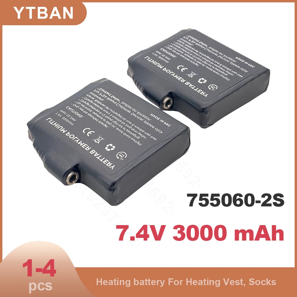 

755060-2S Heated Gloves Battery 7.4V 3000mah Polymer Battery for Heating Vest, Socks, Winter Antifreeze Saver Heat Battery