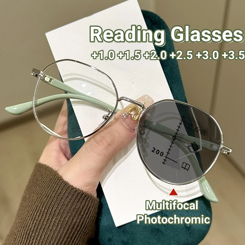 

Retro Round Multifocus Photochromic Reading Glasses Metal Frame Far Sight Glasses High Definition Anti-blue Presbyopia Glasses