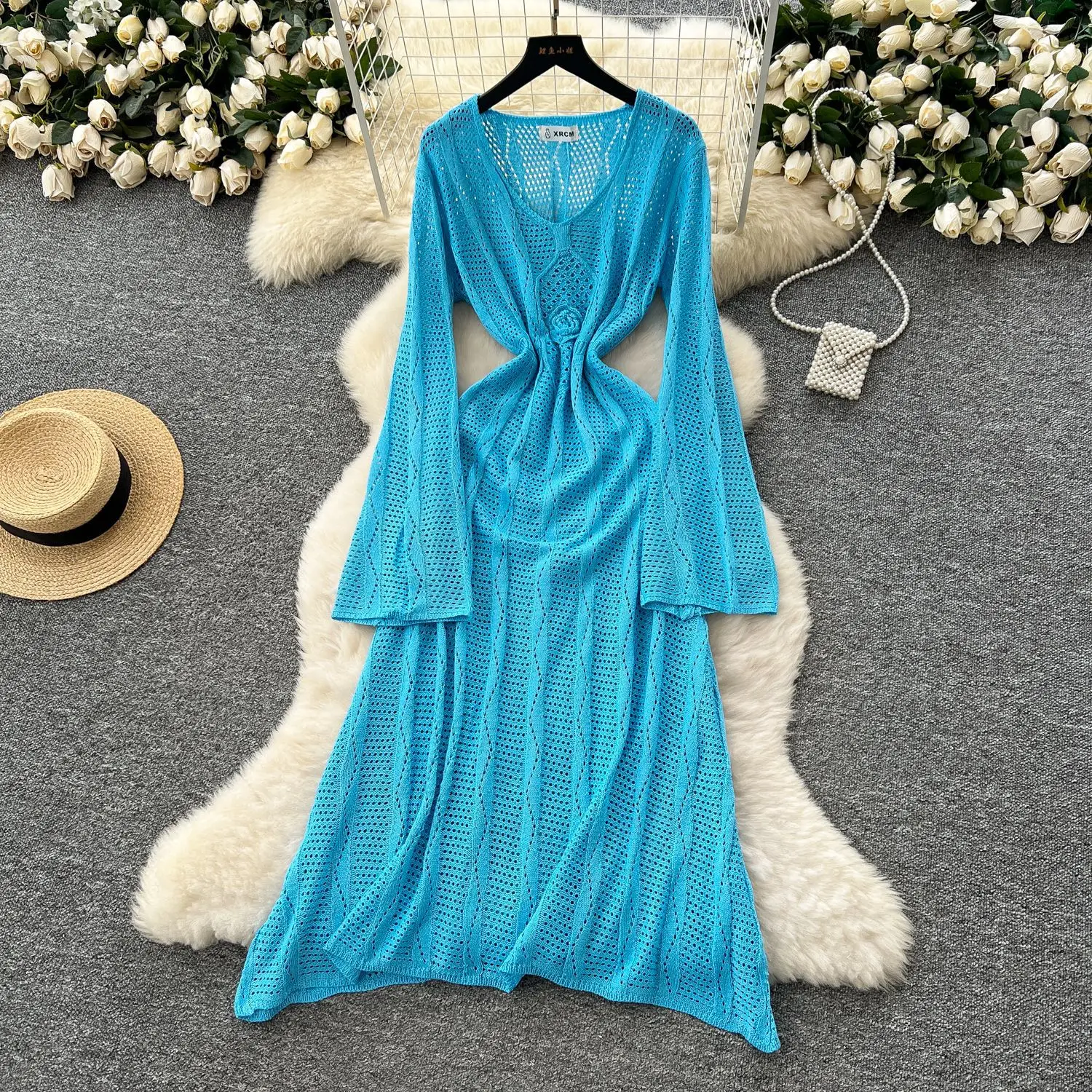 홀리데이 스타일 아우터와 속이 비치는 크로셰 니트 블라우스 스커트, 세련된 스탠드 넥 플라워 V넥 시스루 드레스