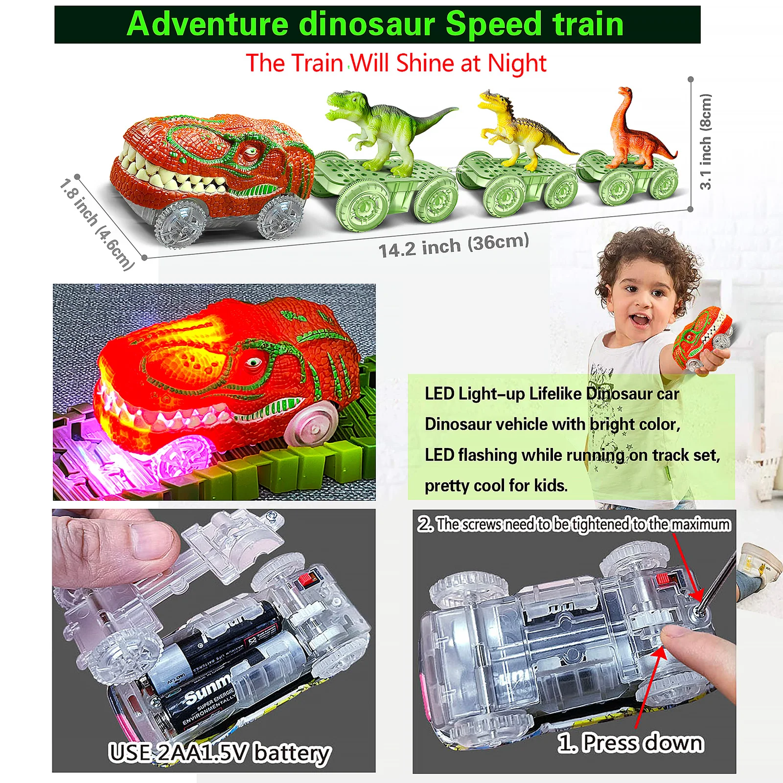 Recorrido de aventura de tren Dinosaur World Track Cars para niño, pista de tren luminosa con luz LED, juego de coches de carreras, regalo para niños