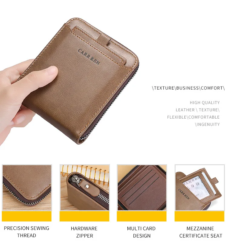 Carteira curta de retorno masculina, carteira de couro com suporte para cartão de visita, bolsa com zíper, carteiras de luxo para proteção rfid, carteira masculina