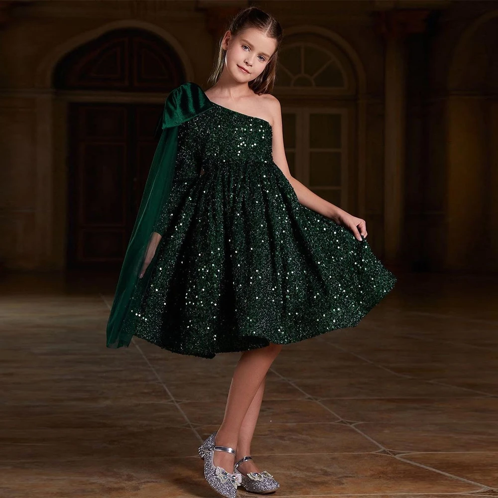 

Green Flower Girls Dresses with Sequined A Line 2025 Scoop Full Sleeve Christmas Gowns for Princess New فلور فتاة اللباس Winter