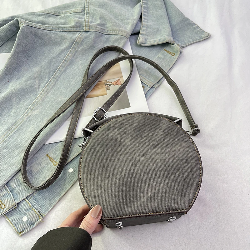 Runde Handtasche Retro Shoudler Taschen für Frauen 2024 Mini kleine Umhängetasche klassische Pu Griff Geldbörse Bolasas runde Einkaufstasche – Detail 10