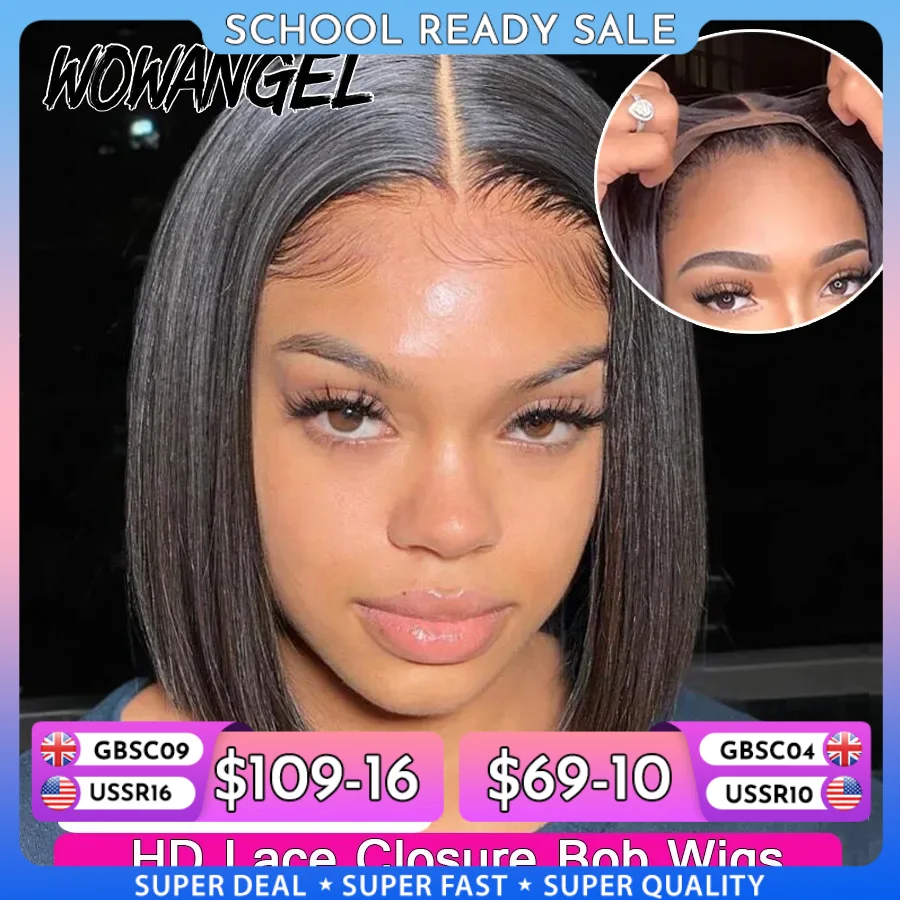 WOWANGEL droite Bob perruque 5X5 HD dentelle fermeture perruque prêt à porter sans colle perruque 250% Bob perruque dentelle avant perruques de cheveux humains pré plumées