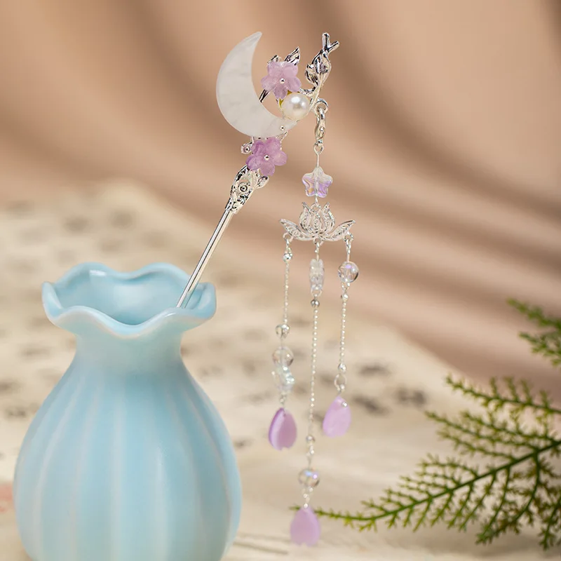 Moon Shaped Hairpin Chopstick Purple Beads Tassel Hair Stick For Women Chinese Hanfu Hair Jewelry Retro Wedding Hair Accessories