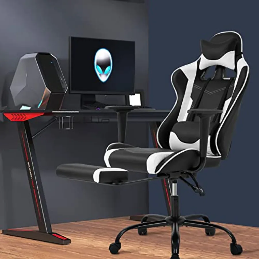 Gaming Chair for Home Office: Ergonomic Racing Style Computer Chair in White with Adjustable High Back, Footrest, Headrest, and view 2