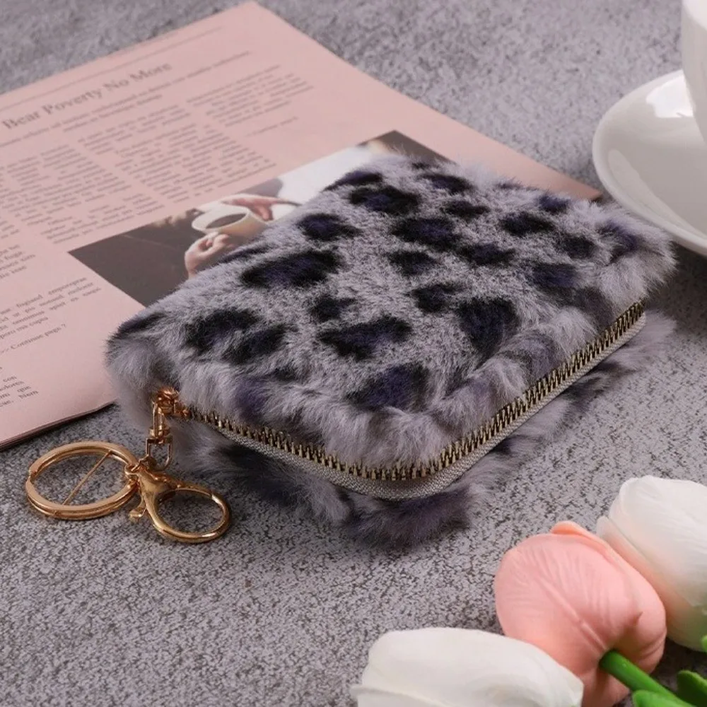 Cute Furry Leopard Print Coin Purse Large Capacity Soft Short Card Holder Multi-Card Slot Travel Organizer Zipper Wallet Student