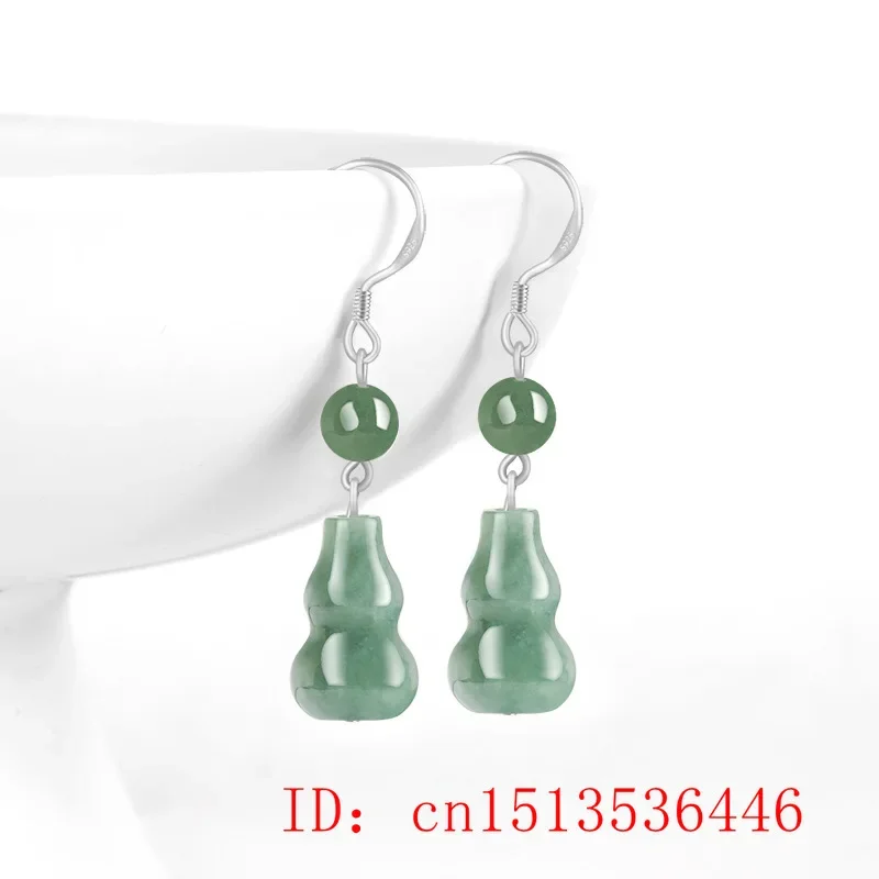 

925 Silver Natural Jade Emerald Gourd Earrings Bead Charm Jewellery Fashion Accessories Hand-Carved Man Woman Amulet Gifts