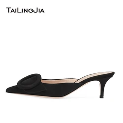 Jeans Denim Pointed Closed Toe Buckled Kitten Heel Mules Low Heels Mini Heel Shoes Woman