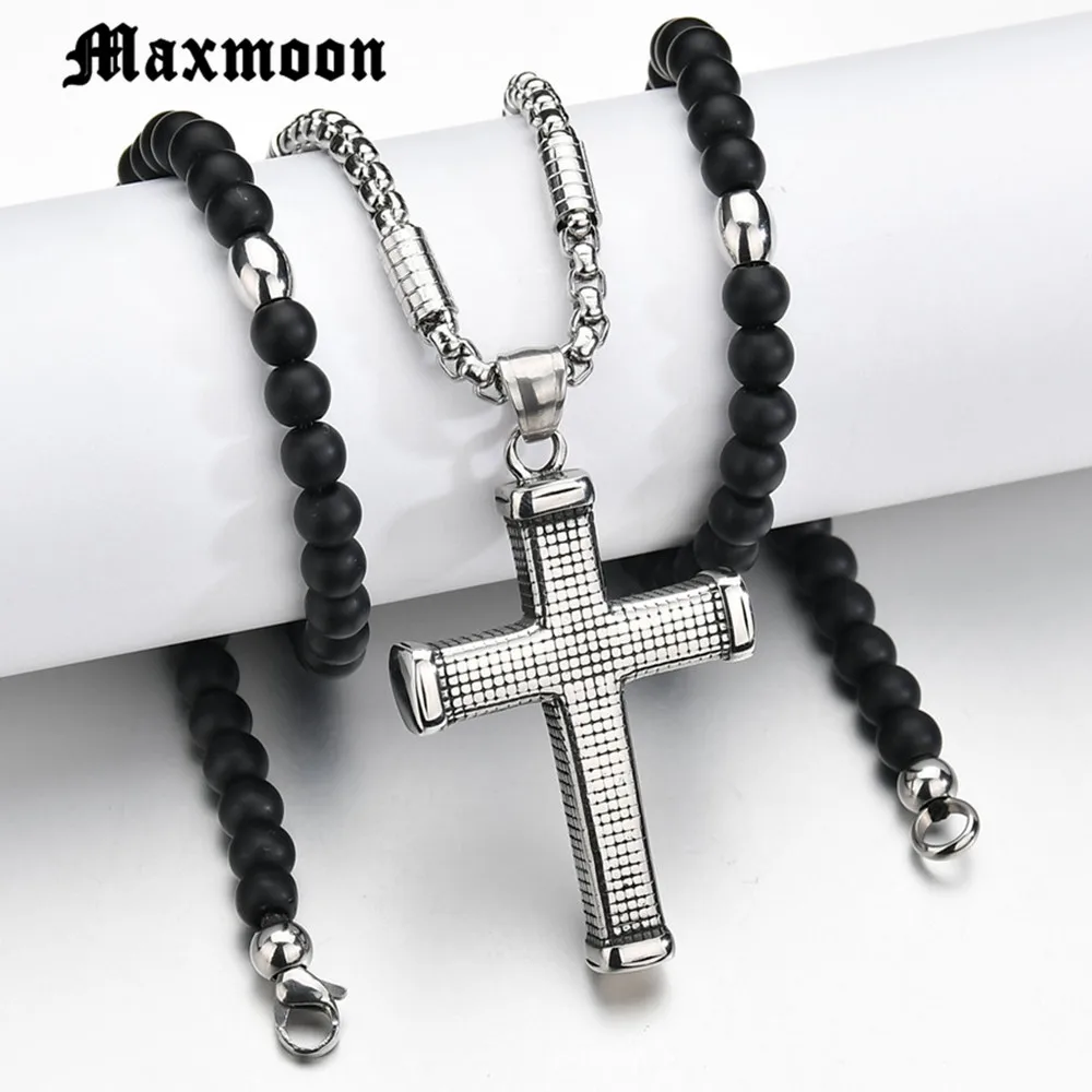 Maxmoon 3.5mm Black stone Beads with Stainless Steel  cross Pendant Mens Rosary Necklace Mens Mala jewelry