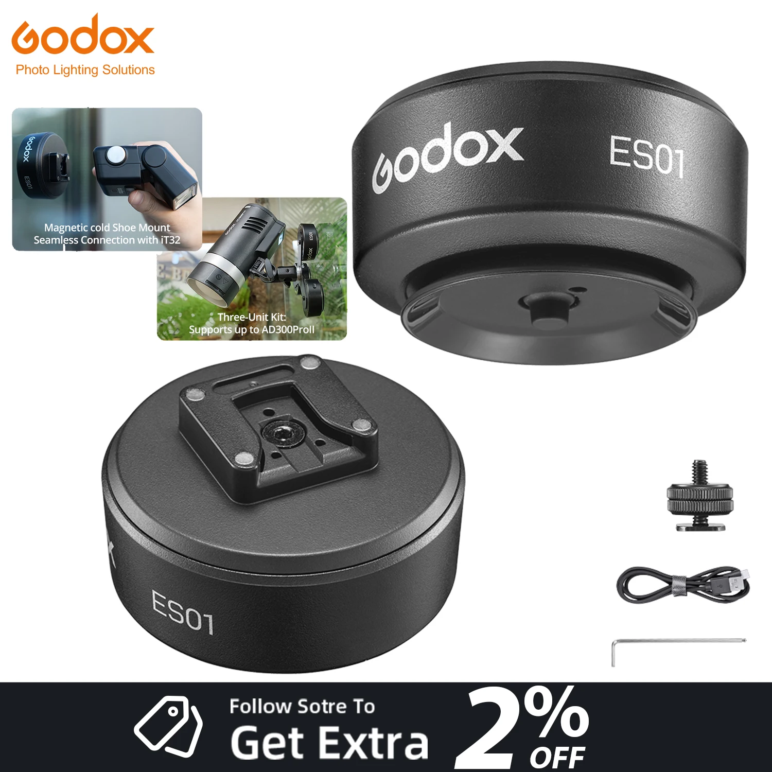 Godox 1/4'' Cold Shoe Base Adapter ES01 Motorized Suction Holder Mounting Plate For GODOX Flash V1 V1mid V100 IT32 AD300PROII