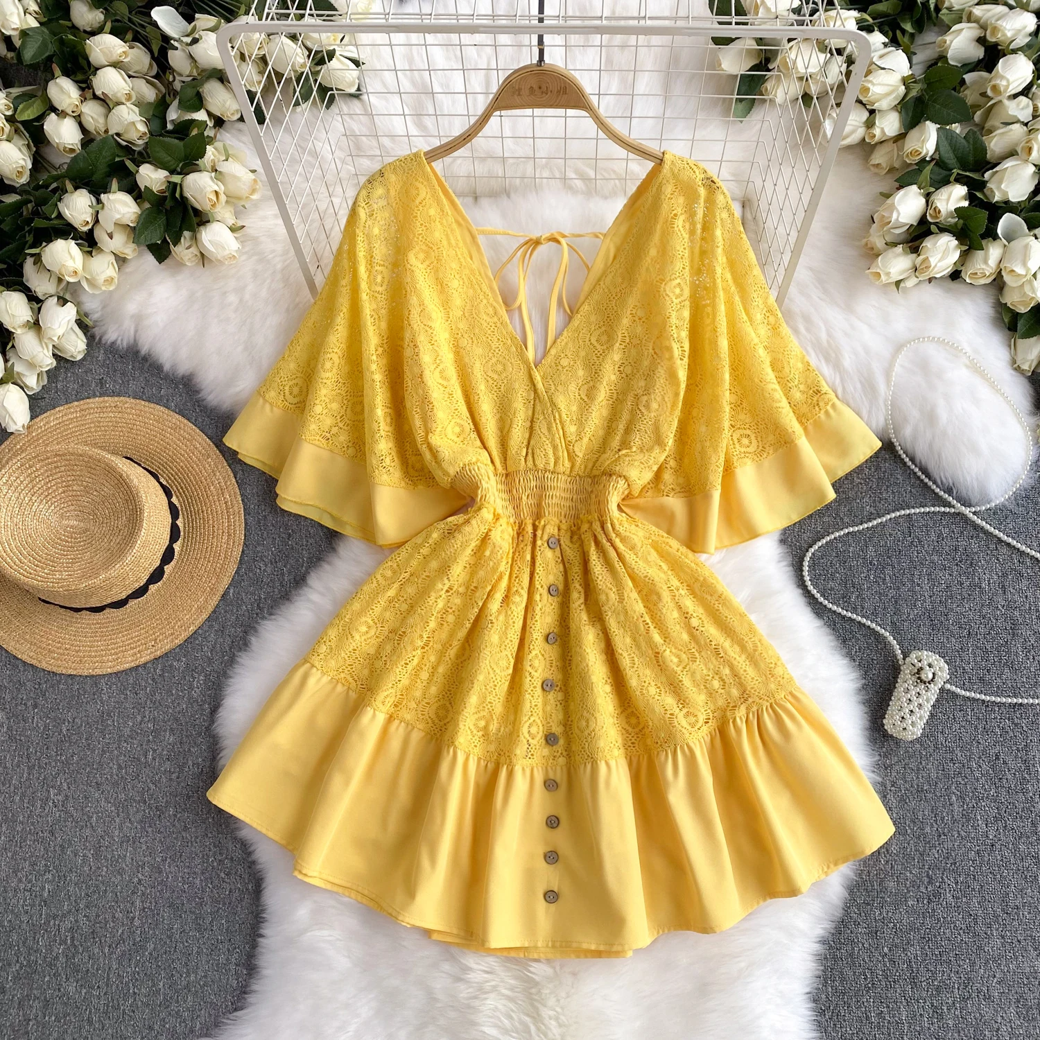 

Vintage Elegant Flare Sleeve V-neck lace PATCHWORK Dress French Fashion Casual Vestidos Basic Summer Sweet Dresses