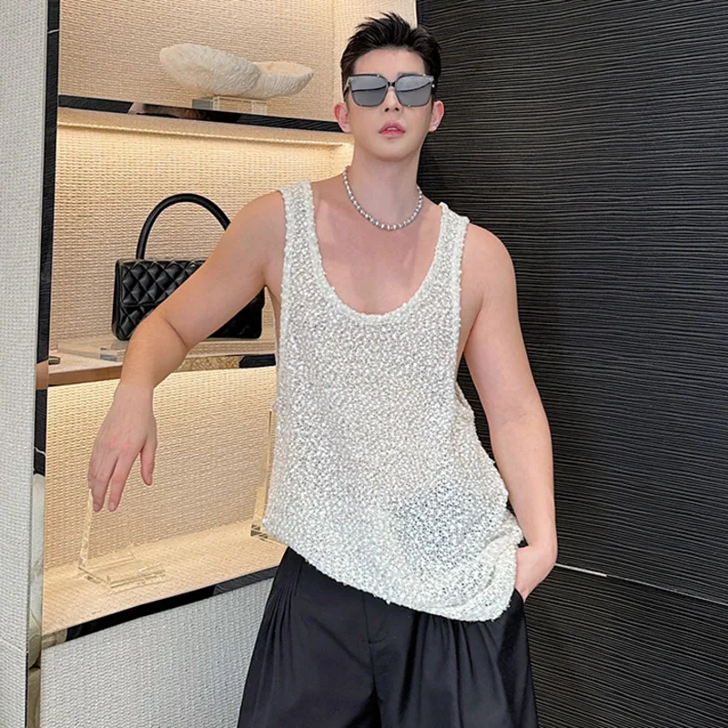 

SYUHGFA 2024 Summer Elastic Knitted Vest Trendy Round Neck Handsome Slim Sleeveless Tops New Fashion Menwear Sexy Clothing