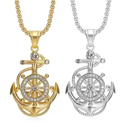 Hip Hop Rhinestones Paved Bling Iced Out Gold Color Stainless Steel Anchor Rudder Pendants Necklace for Men Jewelry Gift