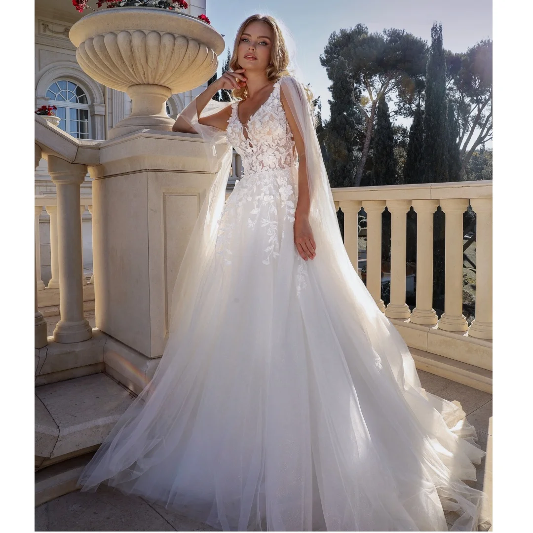 

Wrap Wedding Dresses for Women Lace Tulle Backless Bridal Gown Customized Floor Length Beach Robe de Mariage