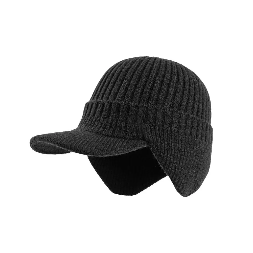 1Pcs Men Winter Black Knitted Hat Thickened Outdoor Cycling Ear Protection Warmth Peaked Cap Casual Fashion Bomber Hats