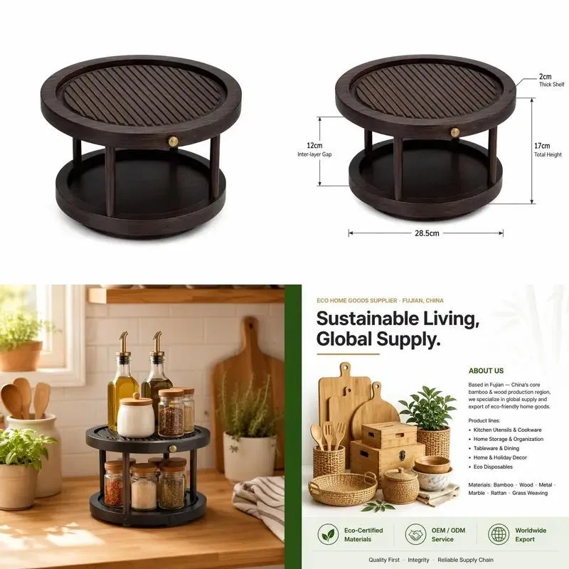 Wholesale Eco Friendly 2 Layer 360 Degree Rotating Bamboo Lazy Susan Storage Rack for Kitchen Countertop Pantry Seasoning
