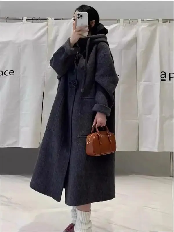 plus Size Women's Woolen Coat with Horn Buttons Loose Fit Medium Length Korean Style Long Sleeve Hooded Outerwear