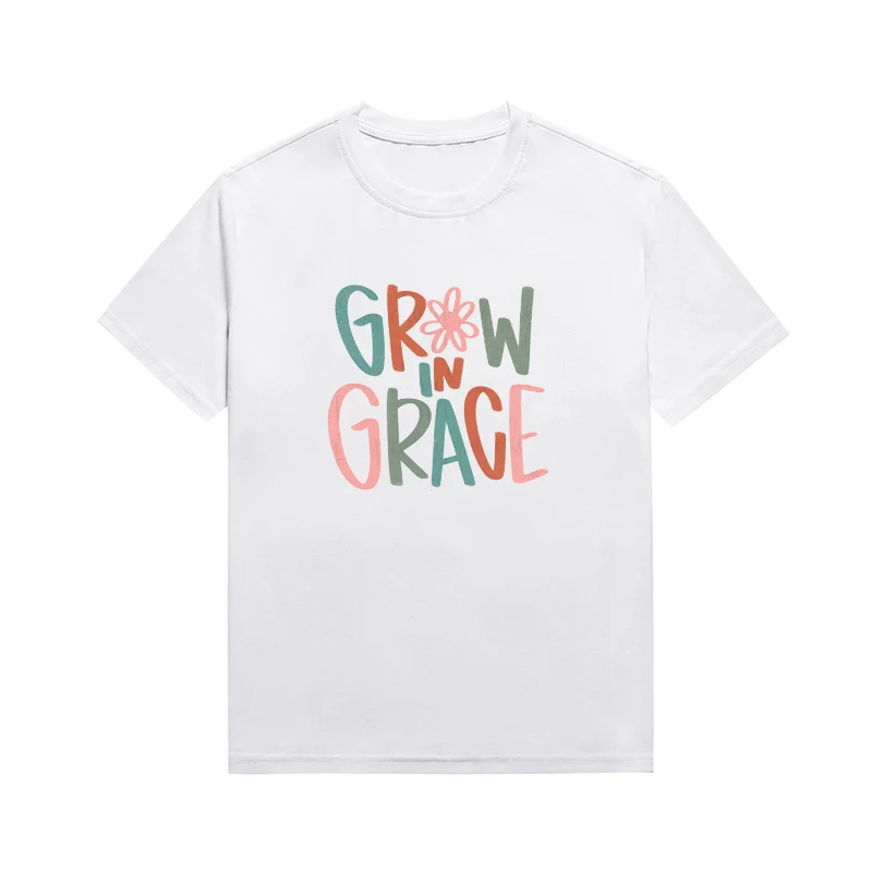 Grow In Grace Slogan Letter Prints Tee Women Short Sleeve Floral Print Christian T Shirt Cotton Custom Top