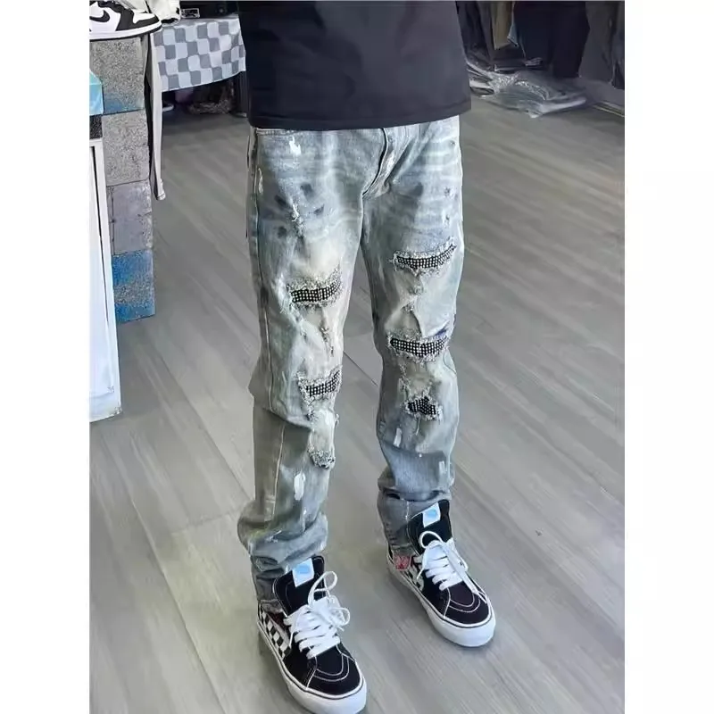 

Luxury Black Grey Men's Denim Shorts Youth Trendy American Style Streetwear Ripped Ink Splashed Slim Fit Long Pants