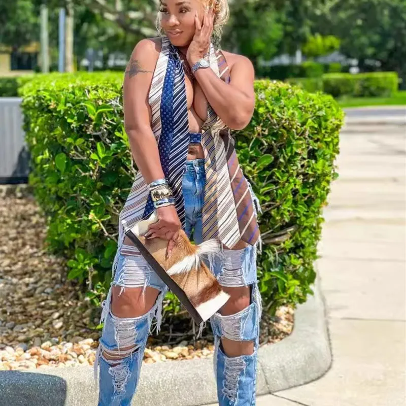 

Sexy Bal Strappy V-Ne Striped Tie Patchwork Personalized Polyester Tank Top for Men Summer 203 Sle Belly Bule