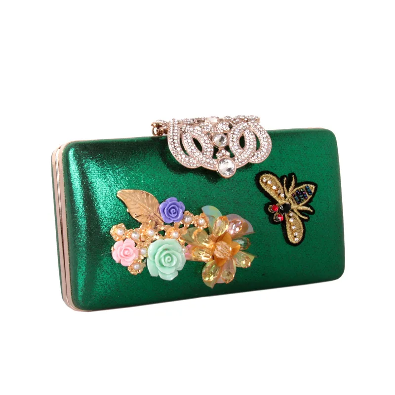 New three-dimensional satin flower dinner bag pearl petal bag crown bee diamond leather women's bag