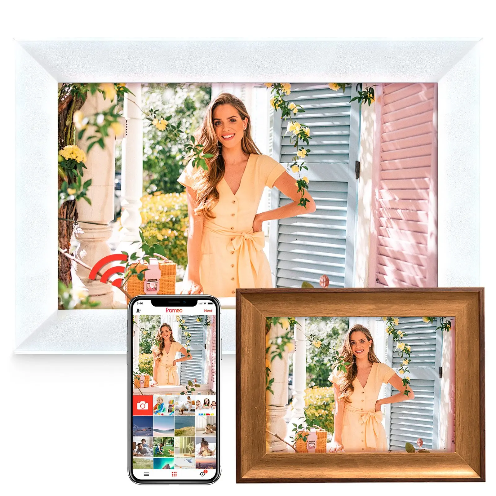 Smart Digitaler Bilderrahmen mit WiFi Fotoübertragung, 1280x800 HD IPS Display, 32GB Speicher, Körper Sensor, Frameo App, Elektronischer Fotorahmen für Fotos & Videos, Intelligenter Wandbilderrahmen
