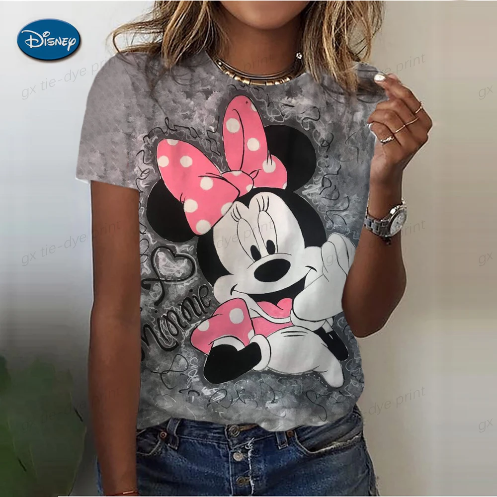 Cute Women's Mickey Mouse Printed T-shirt Summer Men Shirt Fashion Ladies Blouses 2024 Cartoon Minnie Female Tops Kawaii Clothes