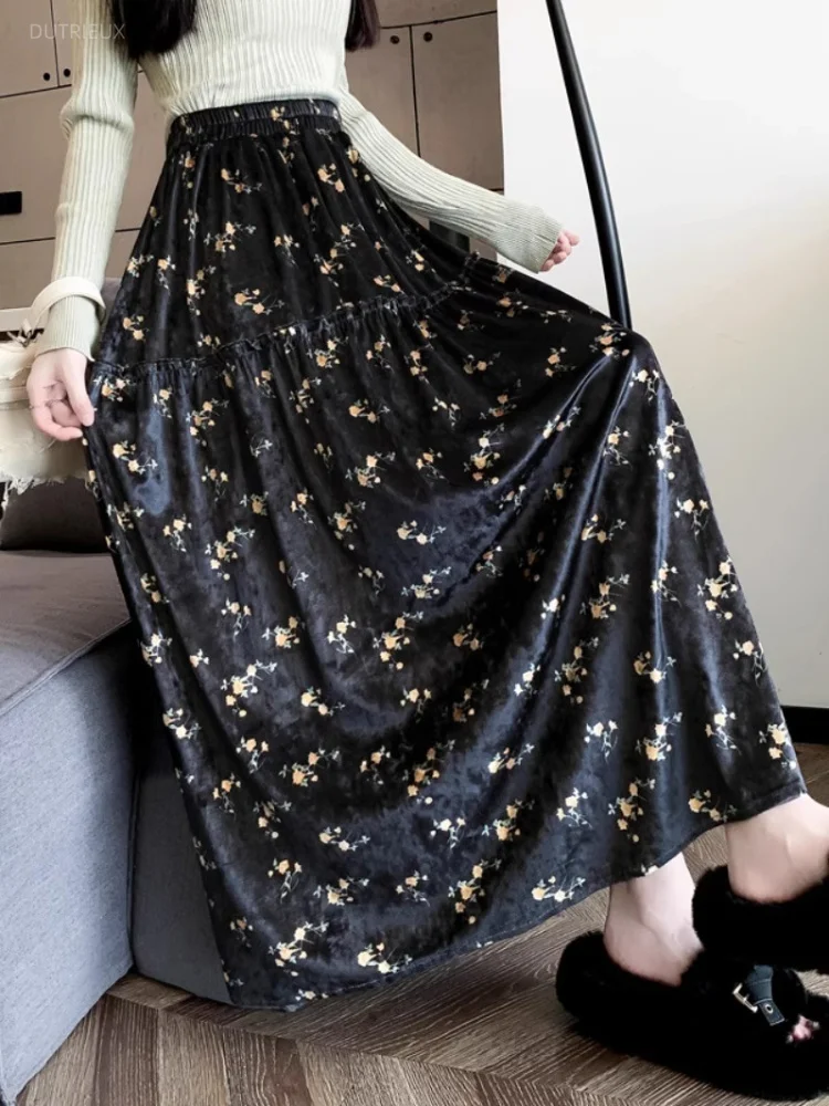 Velvet Floral Woman Skirts Vintage Autumn Winter Elegant Faldas Mujer Korean Fashion Sweet A-line Simple Long Skirt
