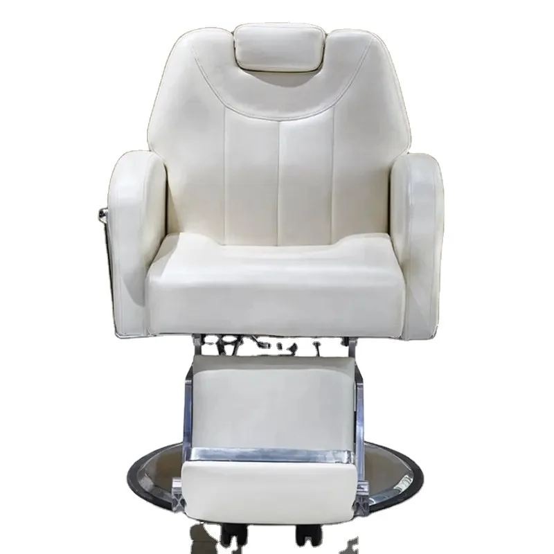 Elegant Beige Reclining Barber Chair With Hydraulic Base Height Adjustable Foldable Footrest Comfortable Stylish For Outdoor Use