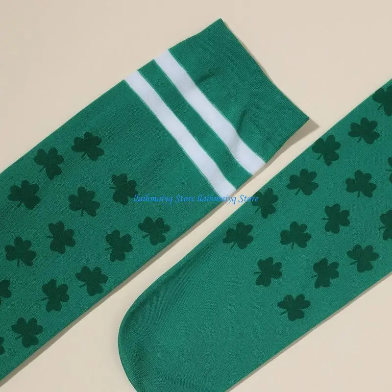 

573B Patricks Day Thigh High Socks Pantyhose Arm Warmers Gloves White Green Stripe Shamrock Clover Print Irish Party
