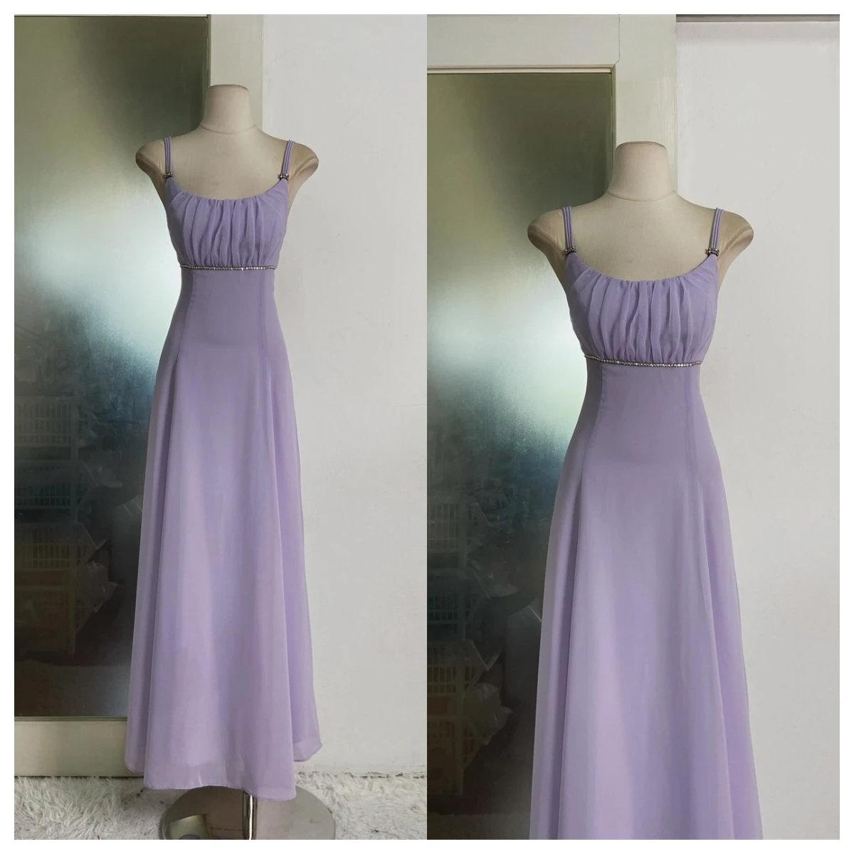 

Customized Classic Lavender Chiffon Evening Dress Square Collar Spaghetti Straps Sleeveless Homecoming Dress Bridal Party