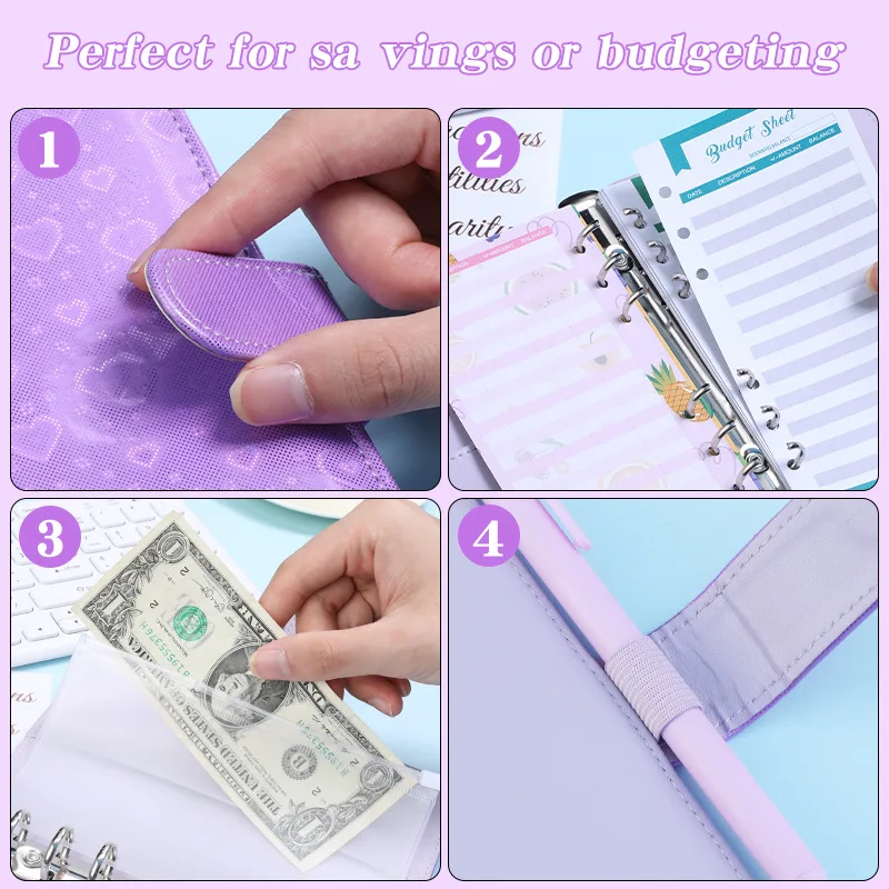 Heart Pink Blue Budget Planner Binder With 8Pcs Zipper Envelopes Cash Envelopes For Budgeting Money Organizer Binder