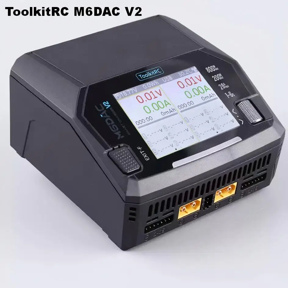 

ToolkitRC M6DAC V2 Dual Channel Smart Lipo Battery Charger Discharger AC 200W DC 400WX2 16A for 1-6S LiHV LiPo PD 65W Model Car