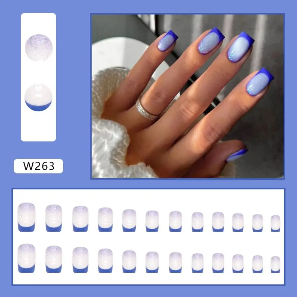 Francês Long Square unhas postiças, unhas dicas, pressione sobre unhas, DIY, rosa, azul, quadrinhos, 24pcs