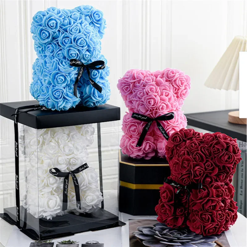 25cm DIY Rose Bear Artificial Foam Flowers Bear Romantic Creative Gifts For Valentines Day Anniversary Wedding Birthday with Box