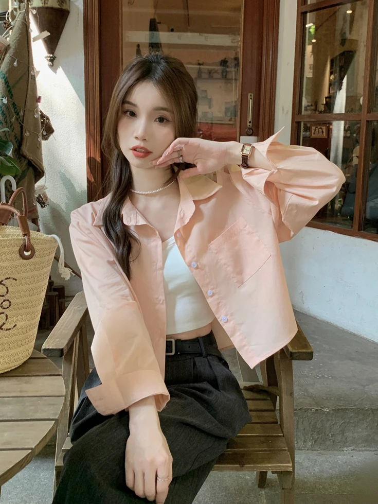 

Kumikumi Simple Elegance Women's Long Sleeve Neck Shirt Loose Short Style Versatile Spring Fashion Upper Apparel