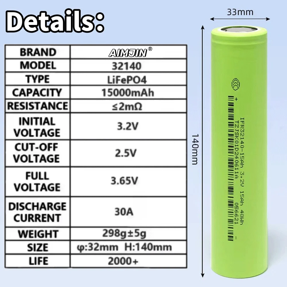 2026 15Ah 32140 Lifepo4 3.2V 48WH خلية بطارية سكوتر ذات سعة كبيرة A-grade Lifepo4 32140 Eve لتجميع حزمة البطارية